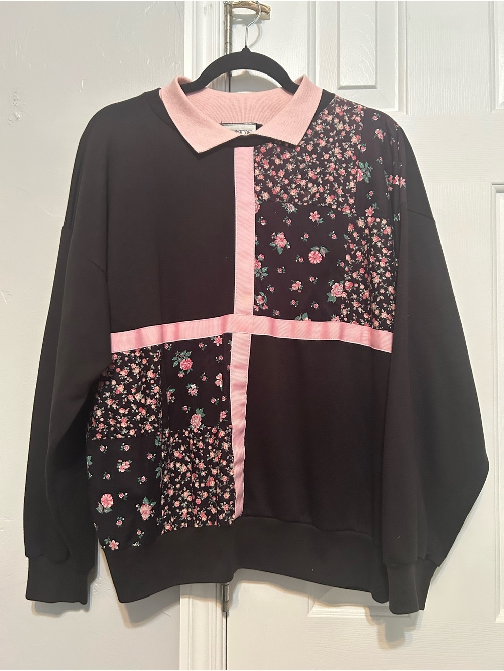 Floral Panel Black & Pink Collared Sweatshirt
